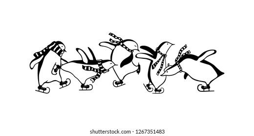 Vector graphic set of hand drawn cute penguins skating on ice. Ink drawing, funny illustration, beautiful animal design elements.