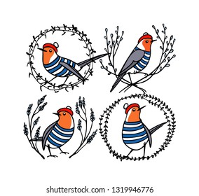 Vector graphic set of hand drawn emblems with cute robins in traditional parisian outfits in floral wreaths. Ink drawing, beautiful animal design elements.