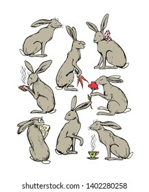 Vector graphic set with hand drawn cute hares made with ink. Perfect design elements, beautiful animal illustration