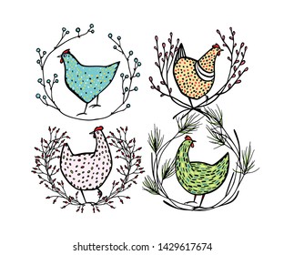 Vector graphic set of hand drawn vintage chicken emblems. Hand drawn abstract speckled hens in floral wreath.  Beautiful ink drawing. Perfect elements for food or farming design.