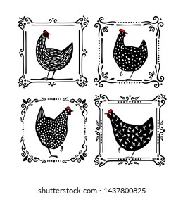 Vector graphic set of hand drawn black speckled hens in vintage frames. Beautiful ink drawing. Perfect elements for food or farming design.