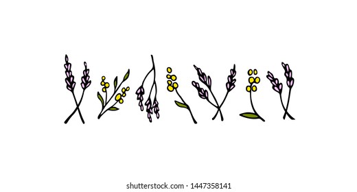 Vector graphic set of hand drawn flower twigs made with ink. Beautiful floral design elements, floral border