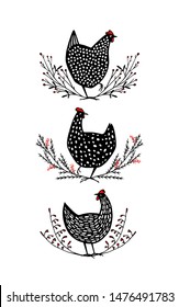 Vector graphic set of hand drawn vintage chicken emblems. Hand drawn abstract speckled hen in floral wreath.  Beautiful ink drawing. Perfect elements for food or farming design.