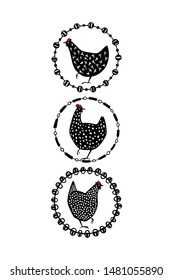 Vector graphic set of hand drawn speckled hen in vintage frames. Beautiful ink drawing, ethnic style. Perfect elements for food or farming design.