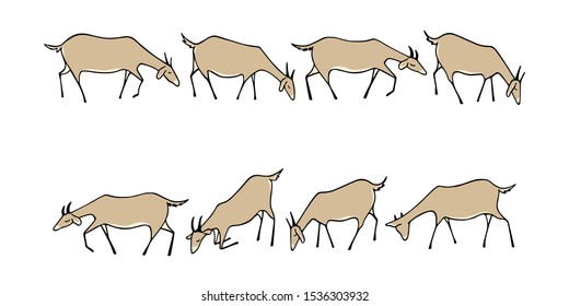 Vector graphic set of hand drawn goat herd grazing on a meadow. Animal border set, cute animal characters.