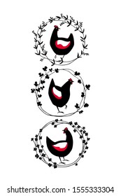 Vector graphic set of hand drawn black chickens in floral wreath. Beautiful ink drawing, abstract design elements. Perfect elements for food or farming design.