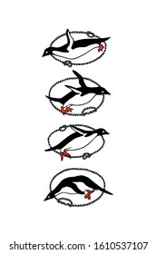 Vector graphic set of hand drawn cute flying penguins in nautical rope frames. Ink drawing, funny nautical illustration, beautiful marine animal design elements.