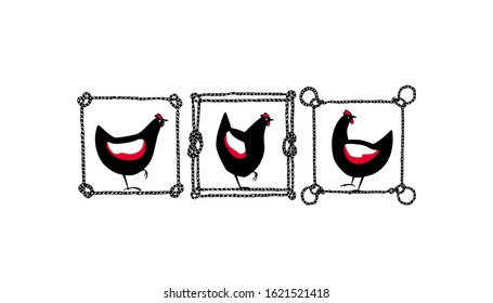Vector graphic set of hand drawn vintage chicken emblems. Hand drawn chickens in nautical rope frames. Beautiful ink drawing. Perfect elements for food or farming design.