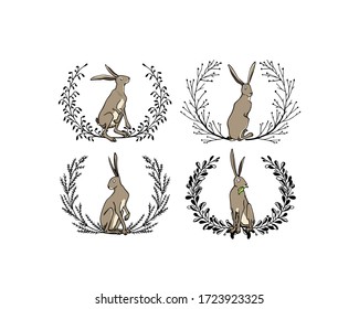 Vector graphic set of hand drawn sweet sitting hares in floral wreath. Perfect design elements, beautiful animal illustration, ink drawing