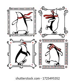 Vector graphic set of hand drawn cute penguins skating on ice in vintage frames. Ink drawing, funny illustration, beautiful winter sport design elements.