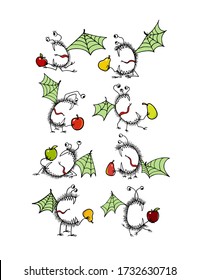 Vector graphic set of  hand drawn cute monsters with juicy apples and pears. Beautiful design elements, funny illustration,  ink drawing