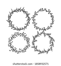 Conjunto vectorial gráfico de la corona floral dibujada a mano. Dibujo de tinta, elementos de naturaleza silvestre, estilo gráfico. Hermoso elemento de diseño de bodas o saludos