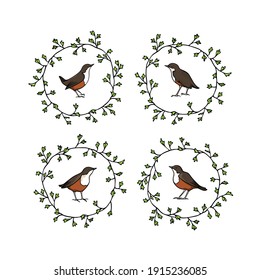 Conjunto vectorial gráfico de cuentagotas dulces dibujados a mano en correa verde de hoja hecha con tinta. Elementos de diseño animal perfecto, plantilla de logotipo