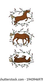 Vector graphic set of hand drawn happy chestnut horses in different postures in floral wreath. Beautiful ink drawing, animal illustration, logo template