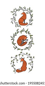 Vector graphic set of hand drawn sweet red foxes in graceful leafy wreath. Beautiful wild nature design elements, ink drawing. 