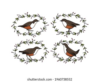 Vector graphic set of hand drawn sweet dippers in graceful floral wreath made with ink. Perfect animal design elements, logo template