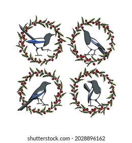 Vector graphic set of hand drawn cute Magpies in graceful floral wreath of jew-tree with red fruit. Ink drawing, graphic style. Beautiful Christmas design elements.