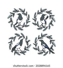 Vector graphic set of hand drawn cute Magpies in a graceful pine wreath. Ink drawing, graphic style. Beautiful Christmas or wild animal design elements.