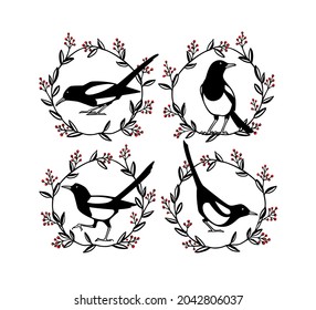 Vektorgrafik-Set von handgezeichnet süßen Magpies in würdevollem roten Beerenkrez. Tintenzeichnung, Grafikstil. Schöne Tiergrafik, Branding und Logo-Design-Elemente.