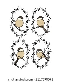 Vector graphic set of hand drawn cute Willow Tits in black floral wreath. Ink drawing, beautiful animal design elements. Logo templates