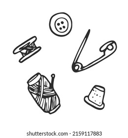 Vector graphic set of hand drawn sewing tools. Sewing kit illustration. Beautiful design elements.