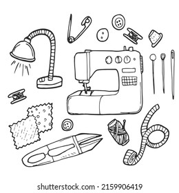 Conjunto vectorial gráfico de herramientas de coser dibujadas a mano. Ilustración del kit de costura. Bonitos elementos de diseño.