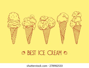 Vector graphic set of hand drawn ice cream. Beautiful design elements for pastry shop, ice cream parlors, cafes or any other business related to the catering.