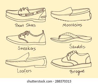 Vector graphic set of hand drawn summer men's shoes. Beautiful illustration of stylish accessories. Cool design elements for any business related to the fashion industry. 