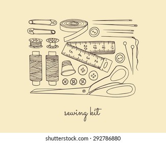 Vector graphic set of hand drawn sewing tools. Sewing kit illustration. Beautiful design elements.