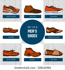 Vector graphic set of hand drawn men's shoes in brown and orange colors. Beautiful illustration of stylish accessories for your design on stripes background.