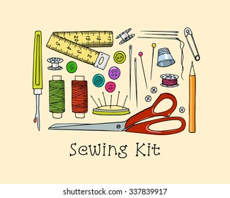 Vector graphic set of hand drawn sewing tools. Sewing kit illustration. Beautiful design elements.