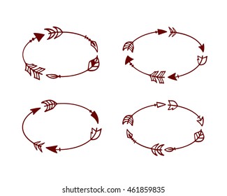 Vector graphic set of hand drawn arrows forming oval frames.  Beautiful ethnic design elements.