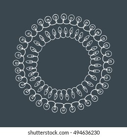 Vector graphic set of hand drawn holiday festoons forming round frames. Hand drawn wreath of light bulbs. Beautiful design elements.