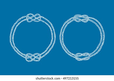 Vector graphic set of hand drawn round frames made of rope. Beautiful nautical design elements. 