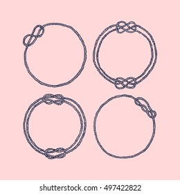 Vector graphic set of hand drawn round frames made of rope. Beautiful nautical design elements. Different shapes