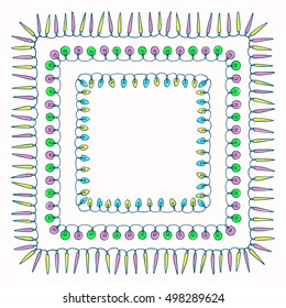 Vector graphic set of hand drawn holiday festoons forming square frames. Hand drawn borders of light bulbs. Beautiful design elements.