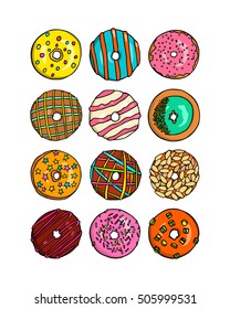 Vector graphic set of hand drawn delicious donuts. Beautiful design elements, perfect for any business related to the food industry.