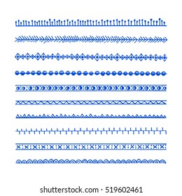 Vector graphic set of hand drawn tribal borders. Beautiful ethnic design elements.