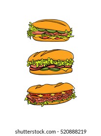 Vector graphic set of hand drawn long sandwiches. Beautiful food design elements, perfect for any business related to the food industry.