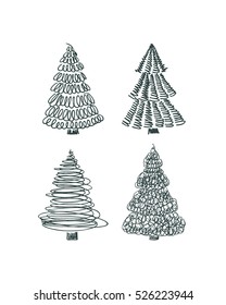 Vector graphic set of hand drawn Christmas trees. Beautiful Christmas design elements, doodle style,  minimalistic design