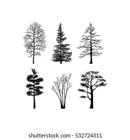 Vector graphic set of hand drawn trees made in graphic style. Beautiful ink drawing