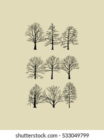 Vector graphic set of hand drawn winter trees made in graphic style. Beautiful ink drawing