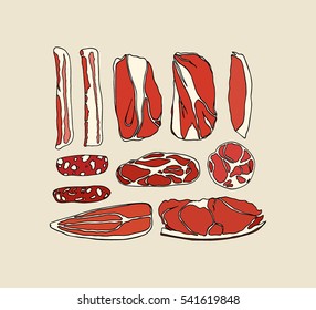 Vector graphic set of hand drawn cured meat slices.  Beautiful food design elements, vintage style