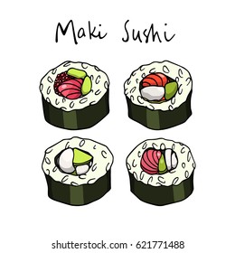 Vector graphic set of hand drawn maki sushi types. Beautiful food design elements, perfect for any business related to the food industry.