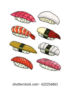 Vector graphic set of hand drawn nigiri sushi types. Beautiful food design elements, perfect for any business related to the food industry.