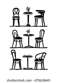 Vector graphic set of  hand drawn coffee tables and vintage chairs. Lovely scenes of retro cafe. Ink drawing, graphic style. Beautiful design elements.
