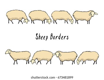 Vector graphic set of hand drawn cute sheep borders. Funny sheep characters, beautiful design elements.