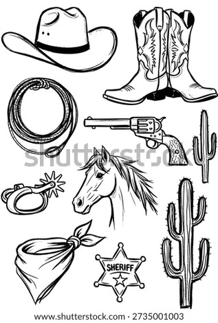 Vector graphic set of hand-drawn Western items in a monochrome sketch style, featuring cowboy hat, boots, pistol, lasso, horse, and cactuses