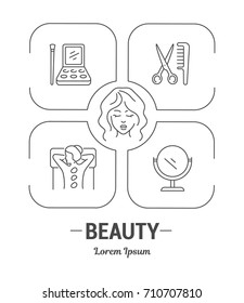 Icono de conjunto de gráficos vectoriales en línea, contorno, delgado y plano.Belleza. Salón de belleza, cosmetología, moda. Plantilla, página principal de Internet.