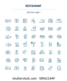 Vector graphic set. Icons in contour, thin, minimal linear design.Catering business.Restaurant industry.Banquet hall.Simple isolated icons.Concept flat illustration for Web site, app.Sign, symbol.